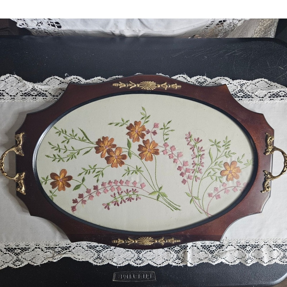 Vintage Embroidered Floral Serving‎ Tray 17" x 12"